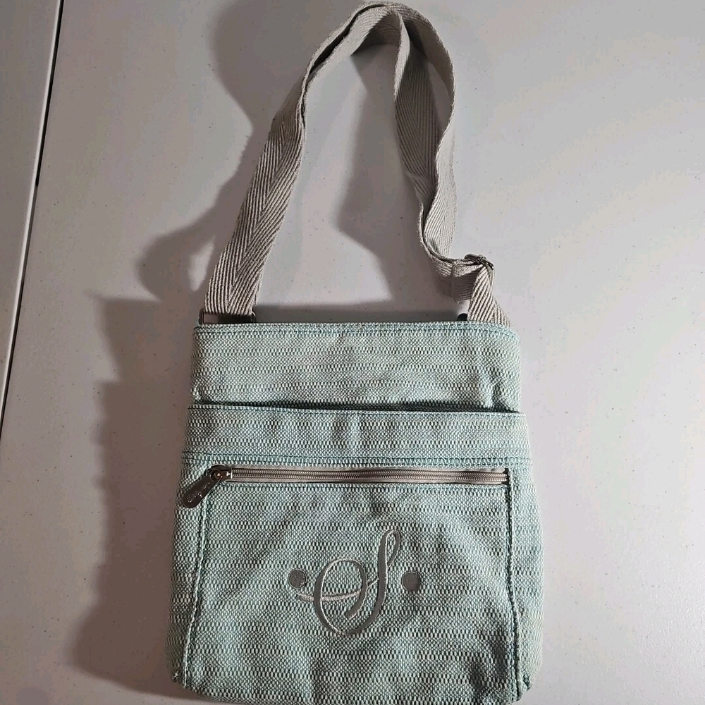 Thirty-One Crossbody Bag Medium Mint Green & Gray Monogram S VGUC 54" Strap - Picture 13 of 16